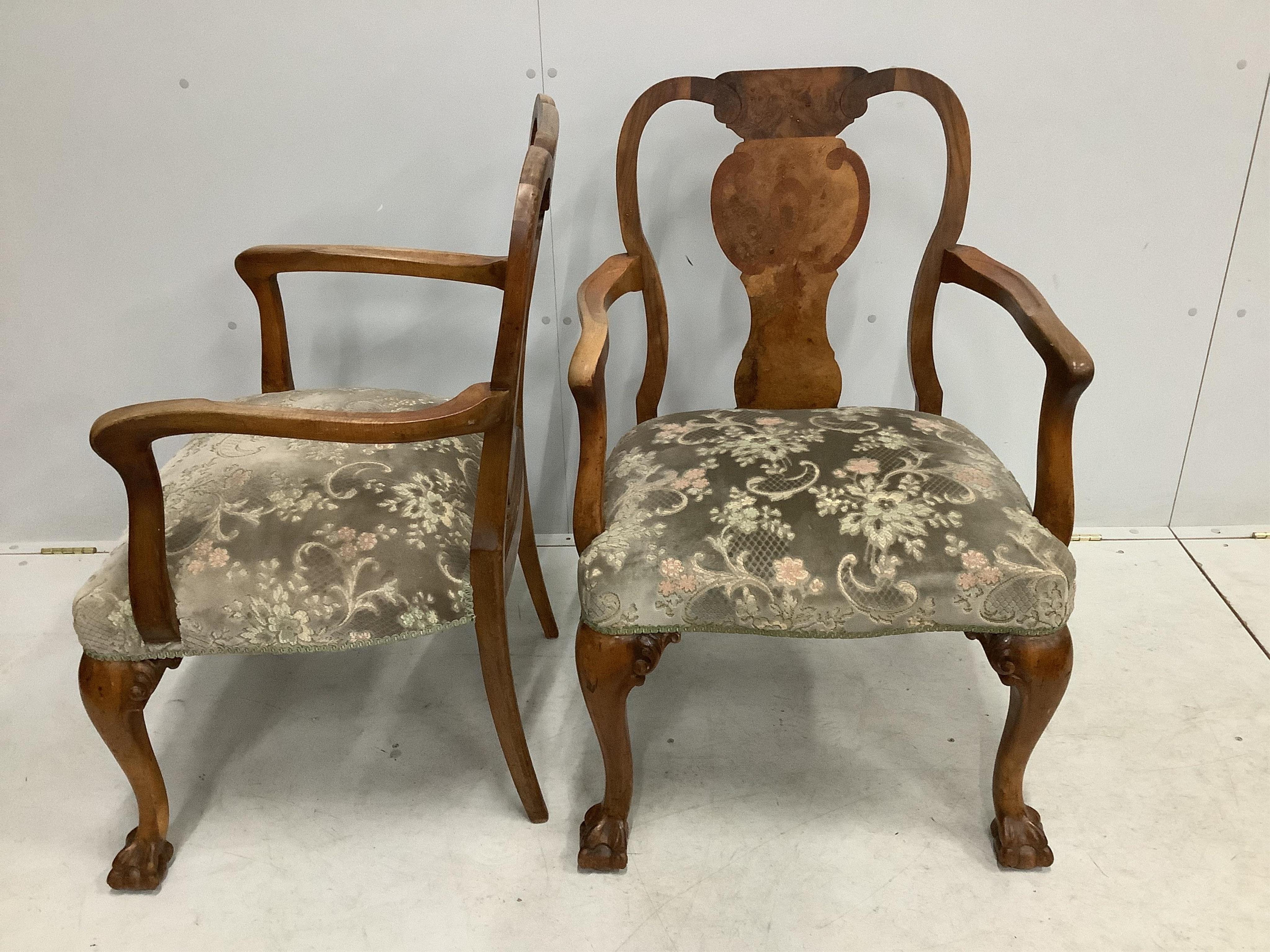 A pair of Queen Anne Revival banded walnut elbow chairs, width 62cm, depth 53cm, height 95cm. Condition - fair (one arm slightly loose)